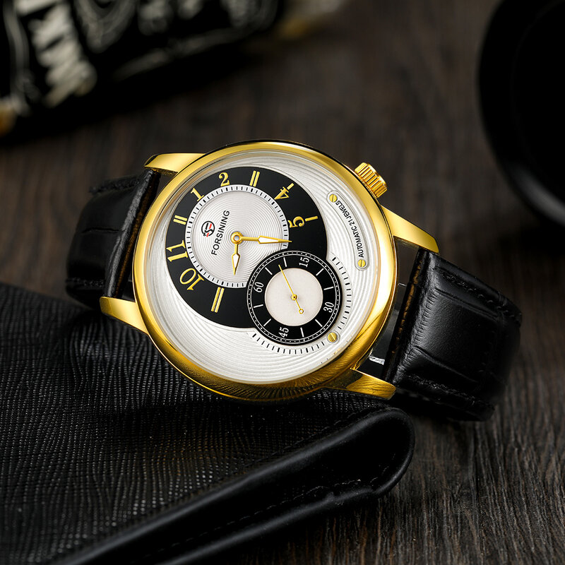Forsining-Relógio de corda automática em couro elegante para homens, mostrador criativo, marca superior, moda de luxo, caixa dourada