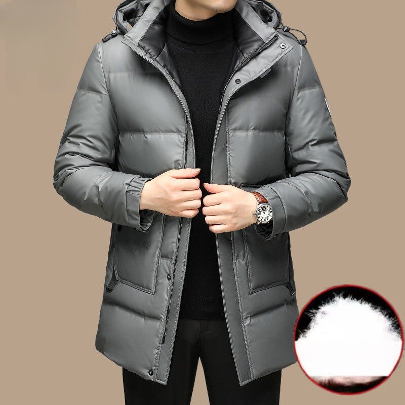 Jaqueta masculina brilhante de comprimento médio, parkas soltas, casaco quente grosso, outwear de lazer, casaco com capuz, novo, inverno, 2023