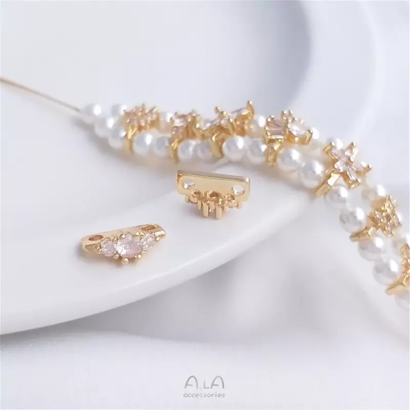 Cadena de oro de 14K con flores de circonio, cadena de doble fila, espaciador de perlas, espaciador de doble orificio, material de cuentas, accesorios de joyería