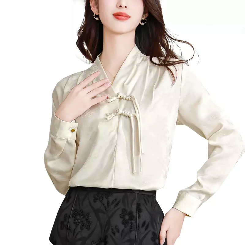 Camisa de cetim estilo chinês para mulheres, blusas vintage de seda, roupas florais, tops soltos primavera-verão, tops femininos completos