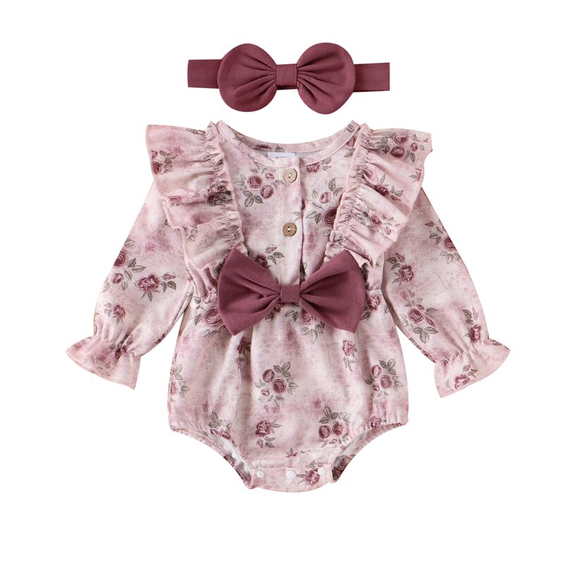 Костюм для новорожденных девочек с длинным рукавом и круглым вырезом, комбинезон с цветочным принтом и лентой для волос, осенняя одежда