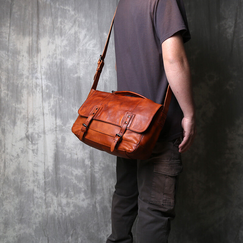 JLFGPJ Texture Original Vintage Old Rubbed Color Vegetable Tanned Cowhide Crossbody Bag Men's Genuine Leather Handheld Briefcase
