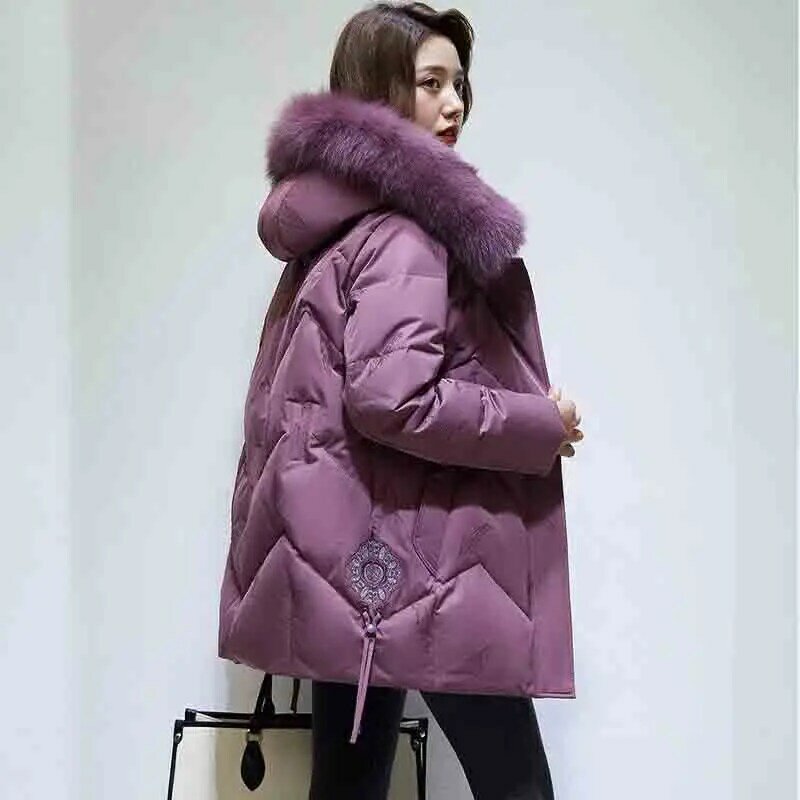 Mantel panjang wanita, jaket mantel saku hangat kerah bulu bertudung bordir longgar baru Musim Dingin 2022