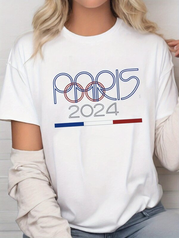 프랑스 파리 2024 레터 프린트 티셔츠, 빅 사이즈 오버사이즈 반팔, 크루넥 캐주얼 상의, 여름 여성복