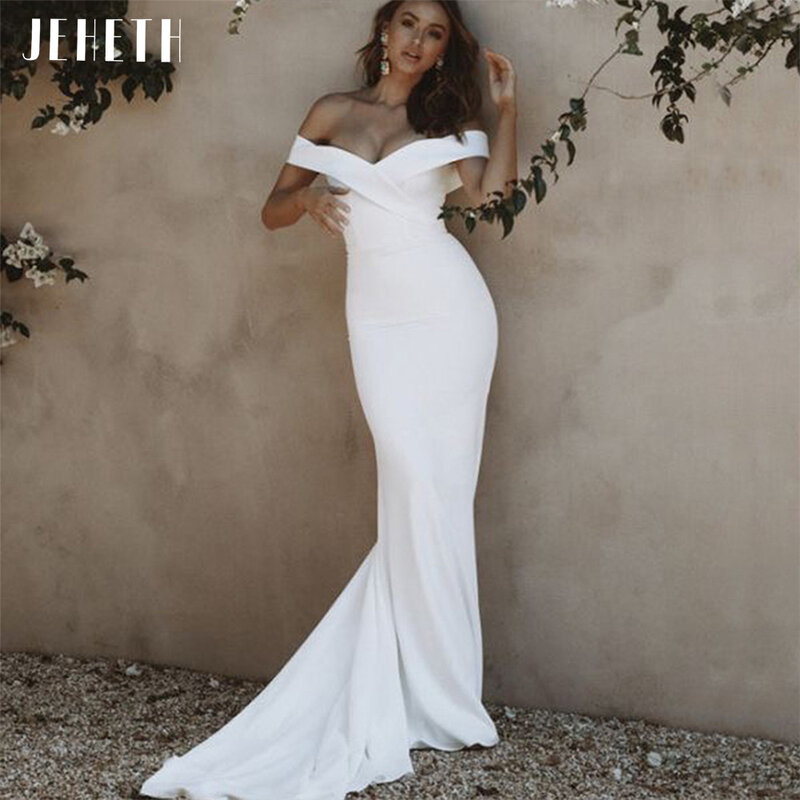 JEHETH-Off Shoulder Mermaid Satin vestidos de casamento para mulheres, vestidos de noiva sem costas, querida elegante, 2022