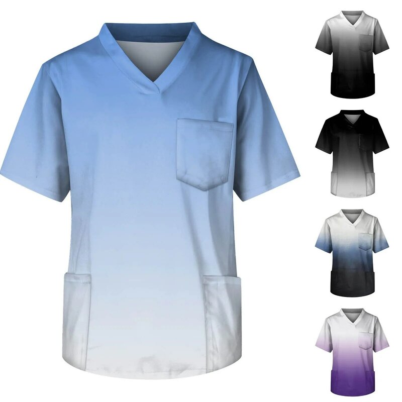 メンズ半袖Vネックグラデーションプリントチェストポケットカーラートップ、医療デイケアウェア、看護ユニフォーム、特大Tシャツ夏