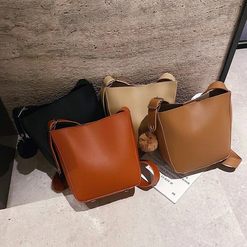Simple Solid Bucket Bags For Women New Design Thread Hair Ball Ladies Shoulder Bag Large Capacity Flap Bags