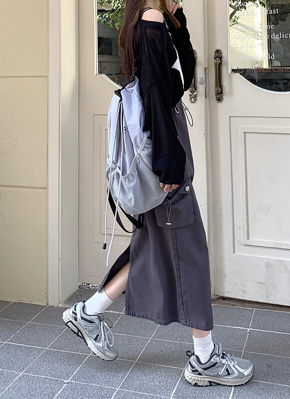 Saia feminina de bolso vintage Y2k, Harajuku, cintura alta, dividida, quadril, longa, estética, estilo americano, Cyber Punk, primavera