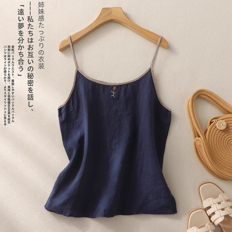 Retro Cotton Linen Tank Top Women Summer New Loose Sleeveless Spaghetti Strap T-shirt Solid Casual Vest Embroidered Top Women