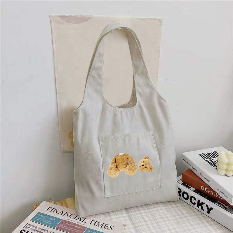 Shopping Bag Foldable Student Canvas Shoulder Bag Bear Printed Ladies Shopper Bag Travel Tote Work Handbag Organizer