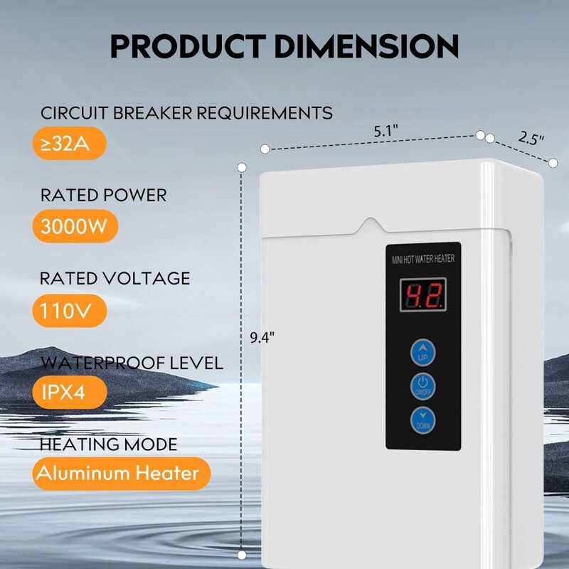 3000W Tankless Electric Water Heater,110V Under Sink On Demand  Hot Water Heater With Remote Control,LCD Touch Screen