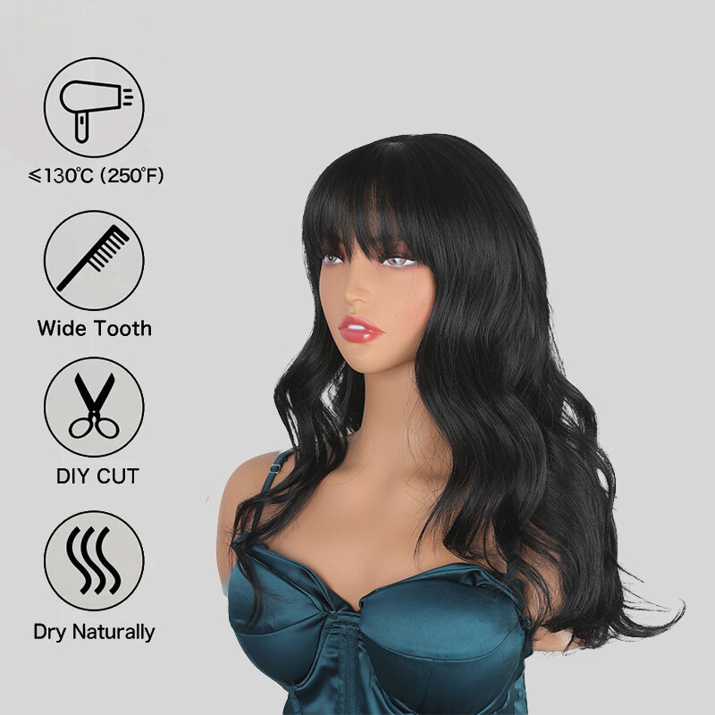 SNQP-peruca longa ondulada preta com Franja para mulheres, peruca de cabelo diária, festa cosplay, resistente ao calor, aparência natural, novo estilo