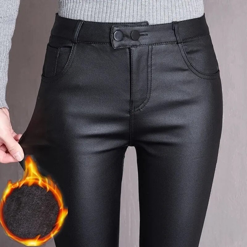 Осенние леггинсы из искусственной кожи, женские пикантные брюки с высокой талией, облегающие черные флисовые брюки из искусственной кожи