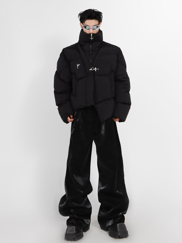 Укороченный пуховик ReddaChic Y2kEmo для мужчин, асимметричное Стеганое пальто с высоким воротником, плотная теплая пуховая куртка с металлическими пуговицами, уличная одежда, черный