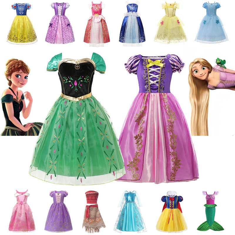Vestido de princesa Disney infantil, Anna Rapunzel Cinderela, branca de neve, Aurora, Sofia, traje infantil de festa de aniversário