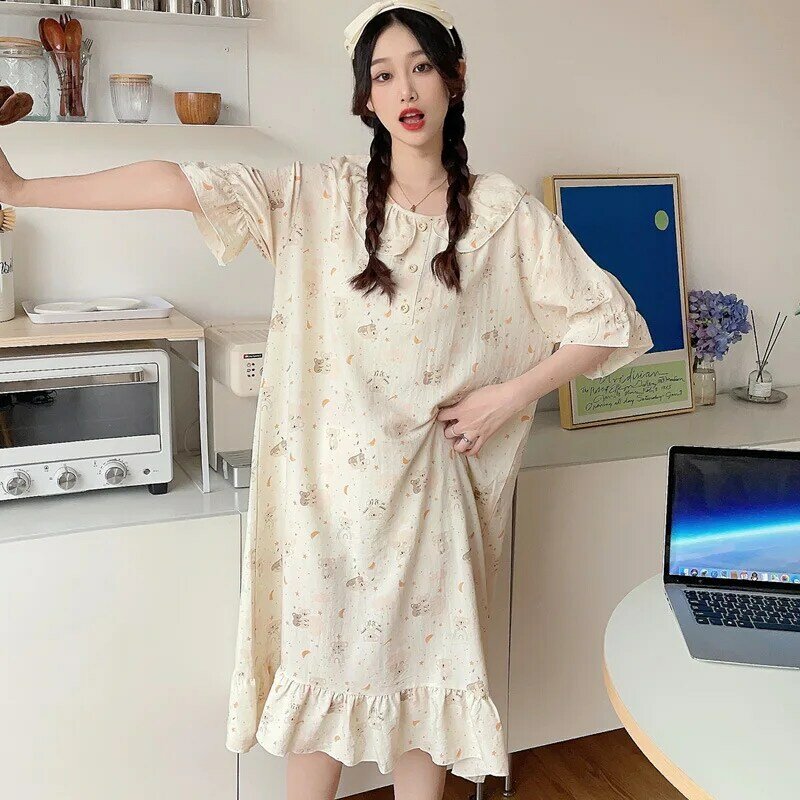 Pijama de algodão de manga curta para mulheres, vestido de verão de comprimento médio, desgaste doméstico, pode ser usado