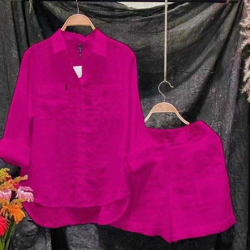Mode weiß Langarmhemd und Shorts zweiteilige Sets Frauen Sommer Baumwolle Leinen Casual Home zweiteiliges Set für Frauen
