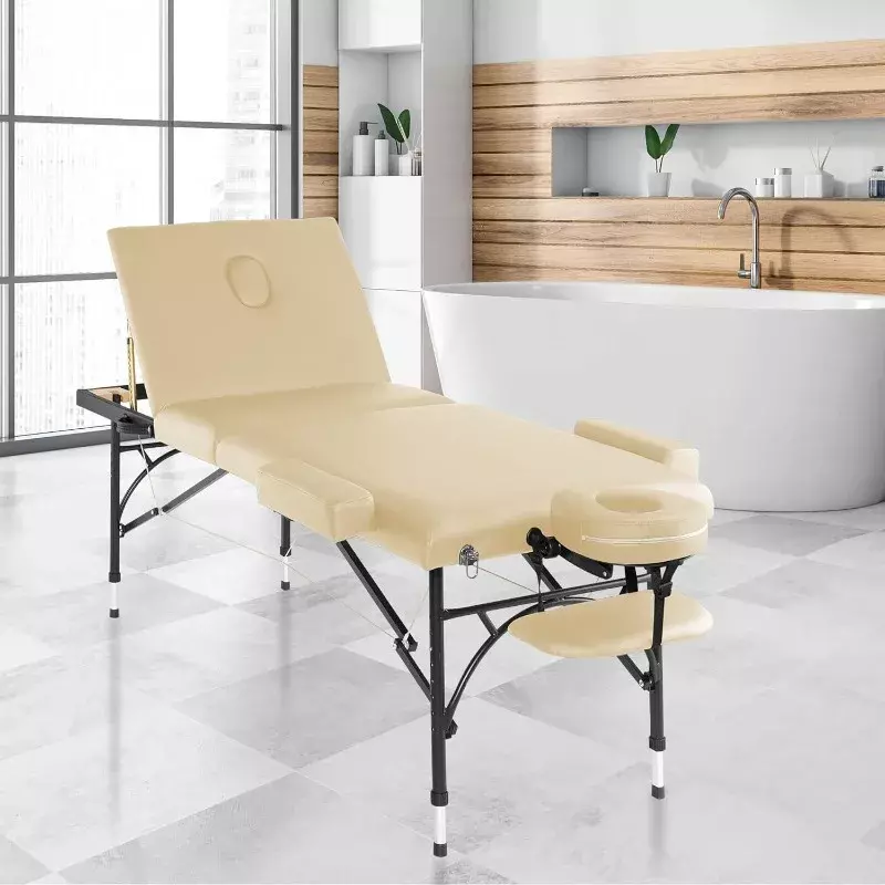 Mesa de masaje portátil profesional de tres pliegues, con patas de aluminio, incluye reposacabezas, cuna facial, reposabrazos