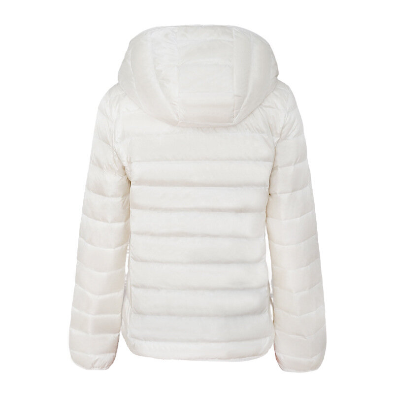 Jaket pendek bertudung untuk wanita, jaket bulu angsa modis lengan panjang warna putih tren modis Eropa dan Amerika musim dingin 90 putih