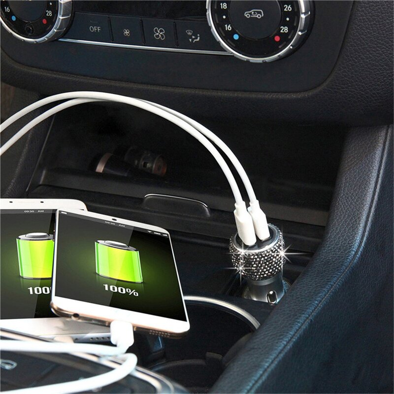 Dual USB Car Charger com Handmade Rhinestones, Decorações carro de cristal, carregamento rápido Car Decors, iPhone Xs Max, XR, X, QC3.0