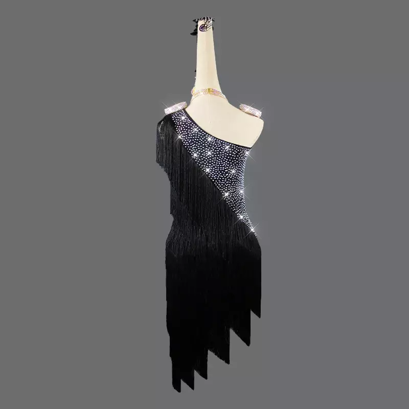 여성용 라인석 라틴 댄스 원피스, 블랙 프린지, 라티나 착용, 무도회 대회 드레스, 성인 어린이 맞춤형