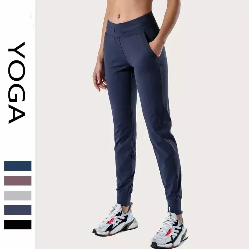 Lu pantalones de Yoga de cintura alta, pantalones elásticos ajustados, Leggings con correa, pantalones recortados de Fitness