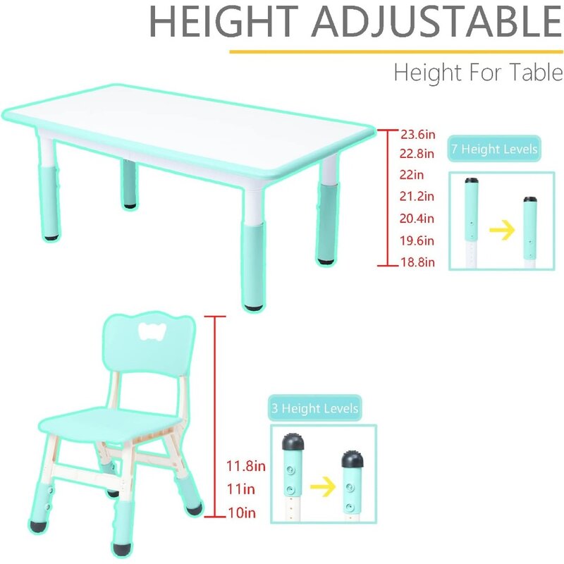Set tavolo e sedia per bambini, tavolo e sedie per l'asilo nido per bambini per ragazzi e ragazze dai 2 ai 12 anni, tavolo regolabile in altezza con 6 posti