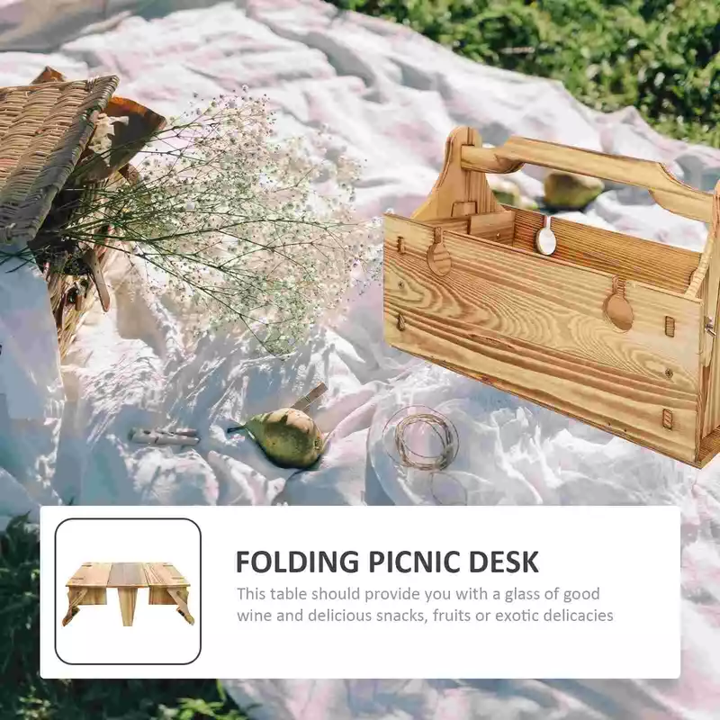Folding Picnic Table 2 in 1 Small Picnic Table Picnic Wooden Storage Basket Convertible Basket Glasses Holder Table for Home