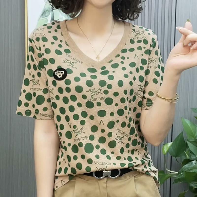 2024 Nieuwe Zomer Koreaanse Stijl Retro Losse Casual Office Lady T-Shirts Voor Dames Polka Dot Print V Hals Korte Mouw Y 2K Chic Tops