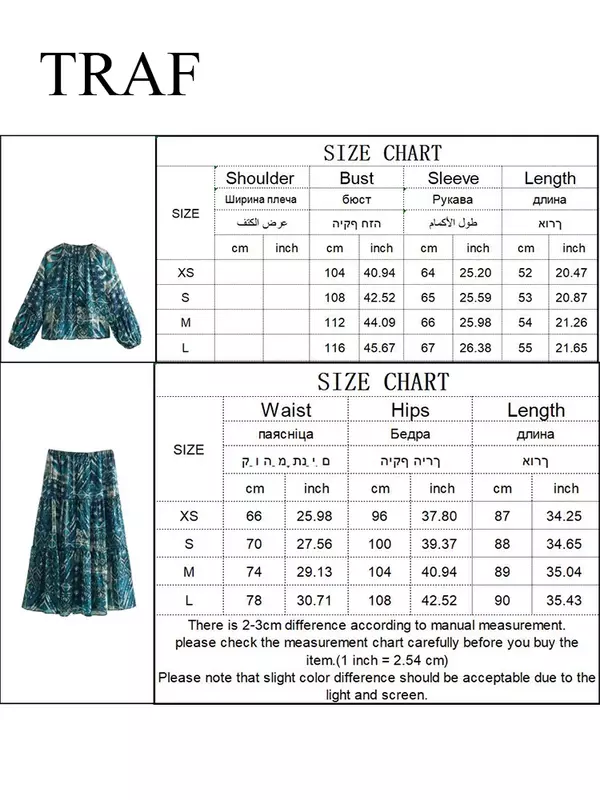 TRAF 2024 nowe damskie długie zestaw spódnic na co dzień z długim rękawem koszule z nadrukiem wysoki stan smukłe spódnice do kostek zestaw