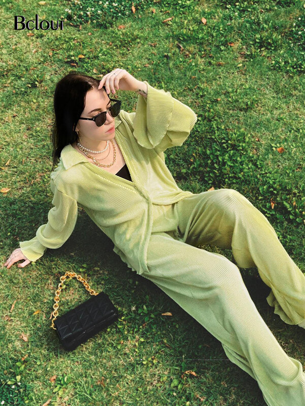 Bclout verde flare blusas de manga verão casual camisas de peito único moda mulher 2022 conjuntos de calças de outono 2 peça roupa mulheres