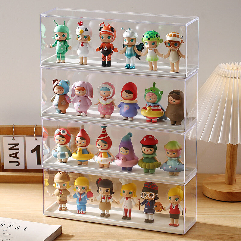 Transparente Empilhável Dust Proof Caixa De Armazenamento, Handmade Doll Display Shelf, Simples e Criativo Presente, Novo