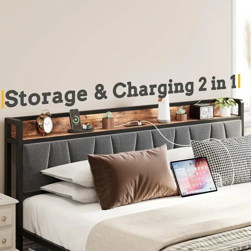 Cabecero de almacenamiento de marco de cama con estación de carga, plataforma de cama con cajones, resorte NoBox necesario, montaje fácil, marrón y gris Vintage