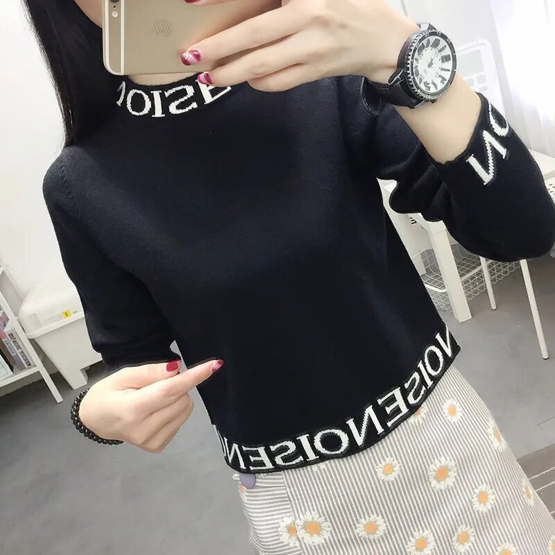 Short Embroidery Knitted Sweater Spring Autumn Winter Women's Knitwear Pullover Tops Casual Half High Collar Bottoming Shirt