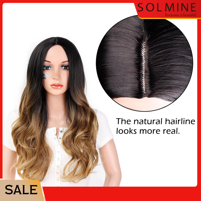 SOLMINE Wig sintetis wanita, rambut palsu simulasi tahan panas keriting panjang gelombang air untuk pesta sehari-hari perempuan