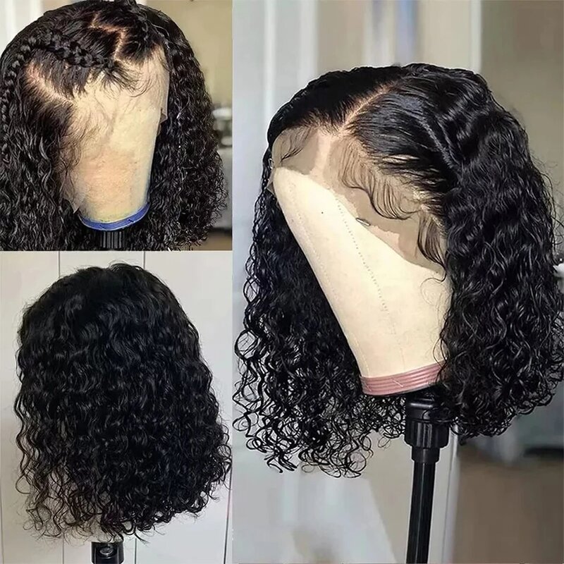 Peluca de cabello humano ondulado para mujer, postizo de encaje Frontal, corte Bob corto, Remy, 4x4, 13x4, 180 de densidad