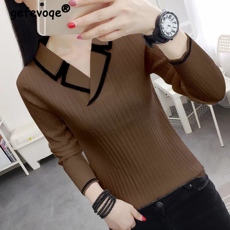 Women's Korean Elegant V-neck Slim Contrast Color Knitted Sweaters Autumn Winter Long Sleeve Pullovers Basic Ladies Tops Jumpers