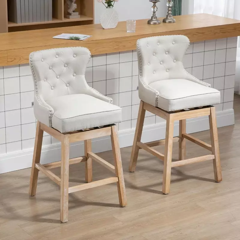 Zestaw 2 stołków barowych, stołki barowe z tapicerowanej tkaniny, 180° Obrotowe krzesła z gwoździami, gumowe nogi z drewna, krzesło barowe