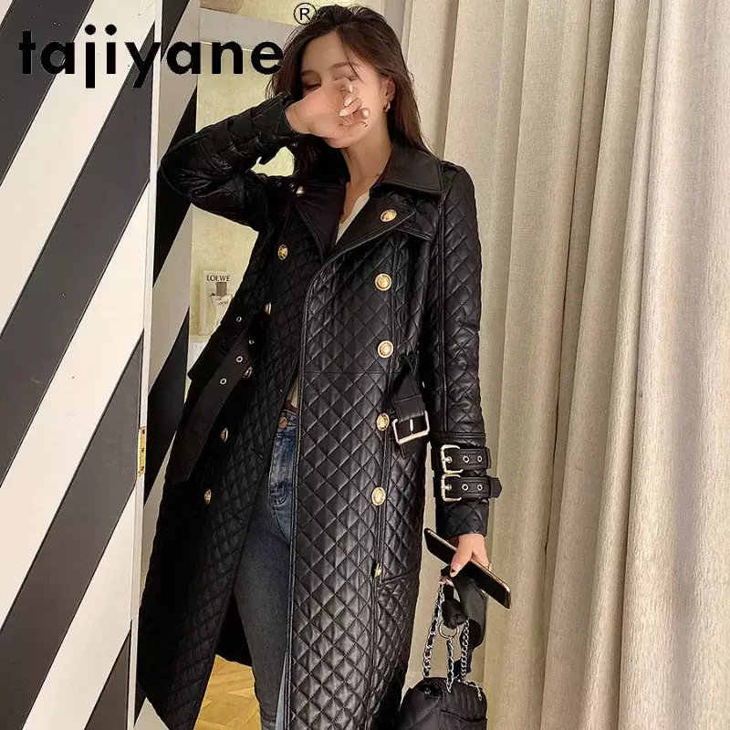 Mantel Parit Wanita Tajiyane Musim Gugur Musim Semi 100% Jaket Kulit Asli Mode Mantel Kulit Domba dengan Sabuk Casaco Feminino Gmm830