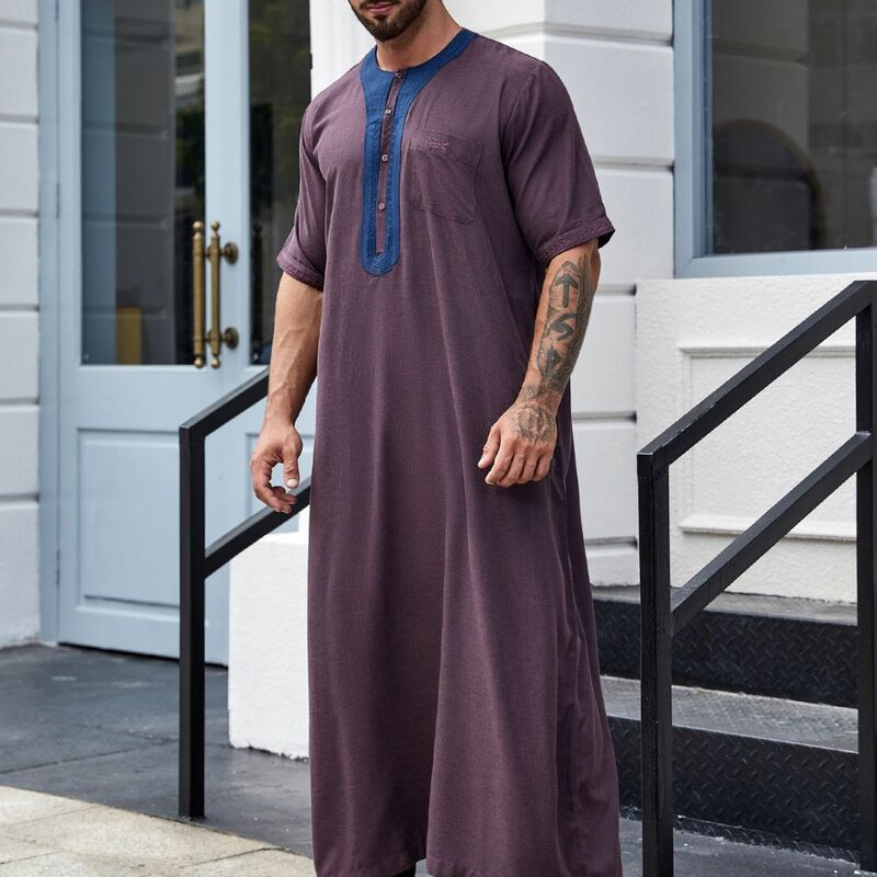 Men Vintage Half Sleeve Muslim Kaftan Robes Leisure V Neck Printed Jubba Thobe Solid Patchwork Arabic Clothes Plus Size S-3XL