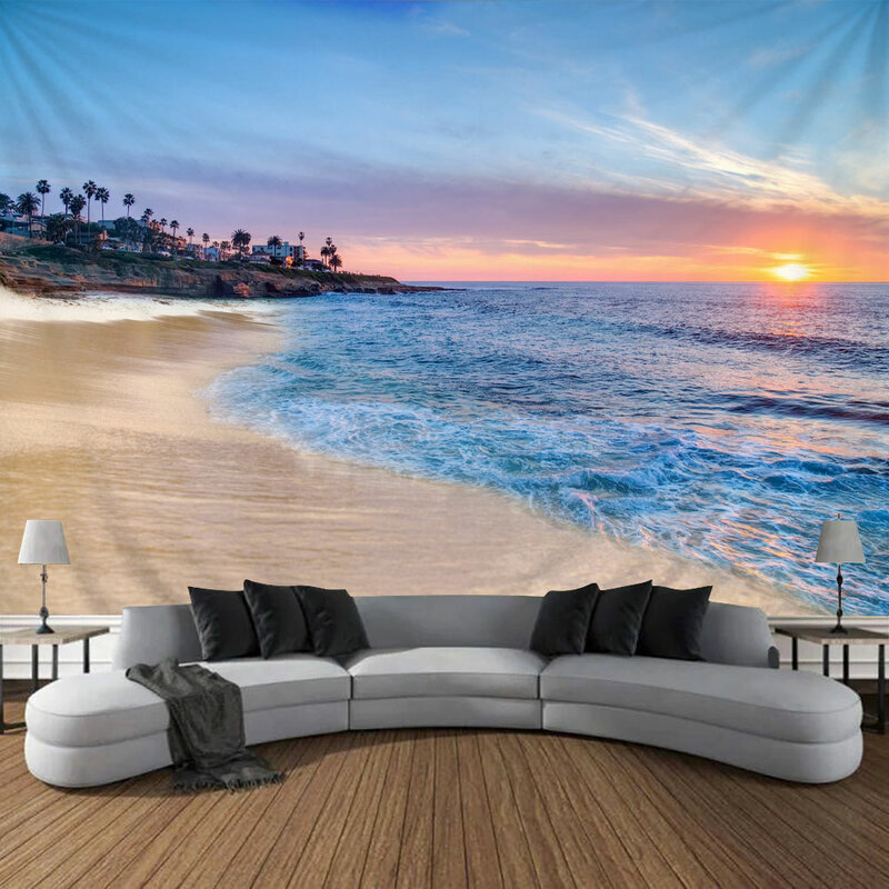 Beautiful Seaside Sunset Tapestry Ocean Beach Scenery Tapestry Wall Hanging Large Fine Dormitory Indoor Bedroom Wall Decor Mural