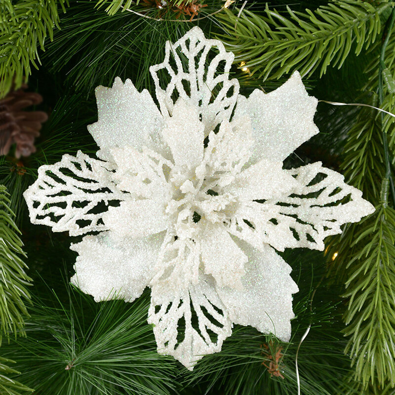 5 pz 9-16cm Glitter fiori di natale artificiali decorazioni per l'albero di natale per la casa fiori finti ornamenti di natale decorazioni di capodanno
