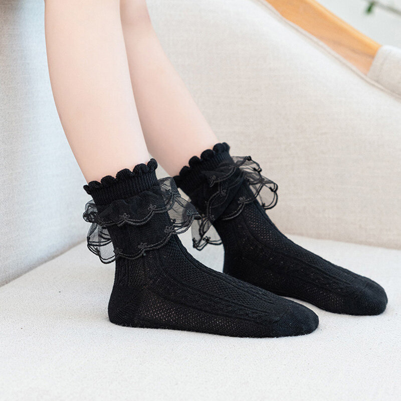 Meias de renda plissada estilo japonês para mulheres, meias Harajuku, meias macias e respiráveis de algodão, meninas, cor sólida, 1 par