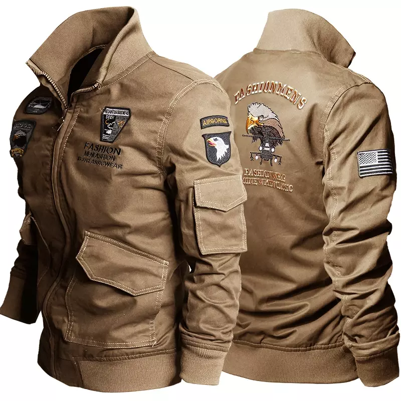 Tactical Pilot Jacket Men  Airborne Fleece Bomber Jackets Cotton Eagle Embroidery Army Coats Causal Stand Collar Outwear