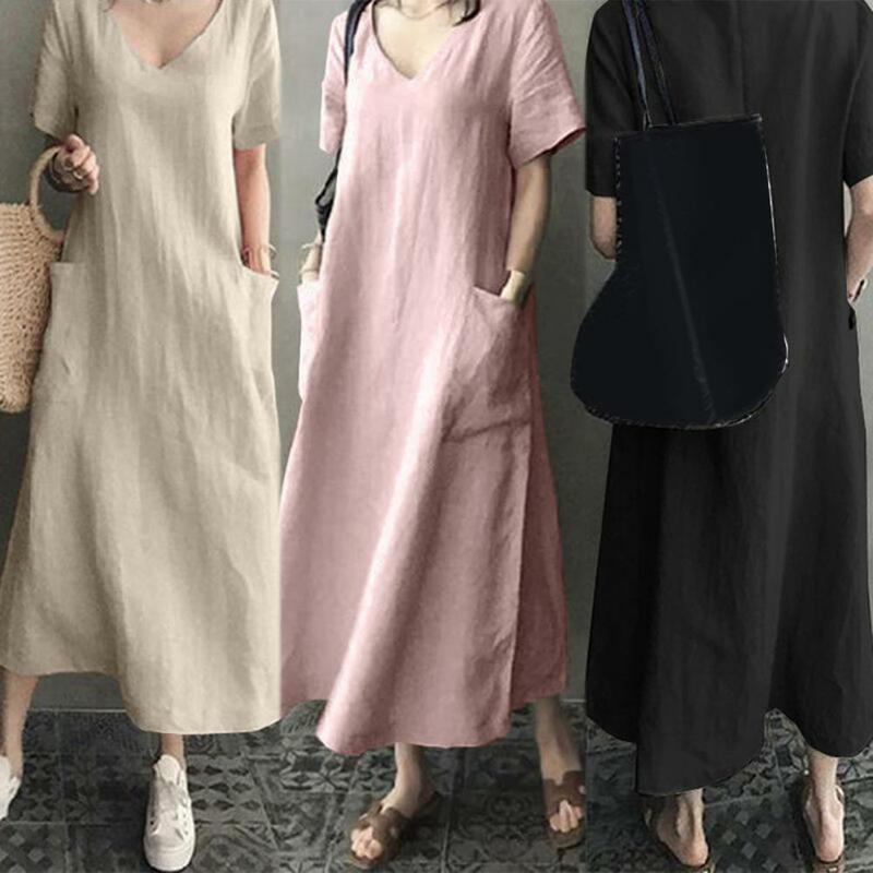Luźna sukienka damska w stylu Vintage z dekoltem w szpic Maxi sukienka z kieszeniami dla kobiet do kostek luźny krój letnie ubranie z krótkimi rękawami