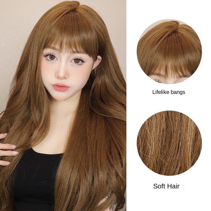 Длинный коричневый парик с челкой, волнистые вьющиеся парики для женщин, термостойкий натуральный синтетический парик для ежедневного использования