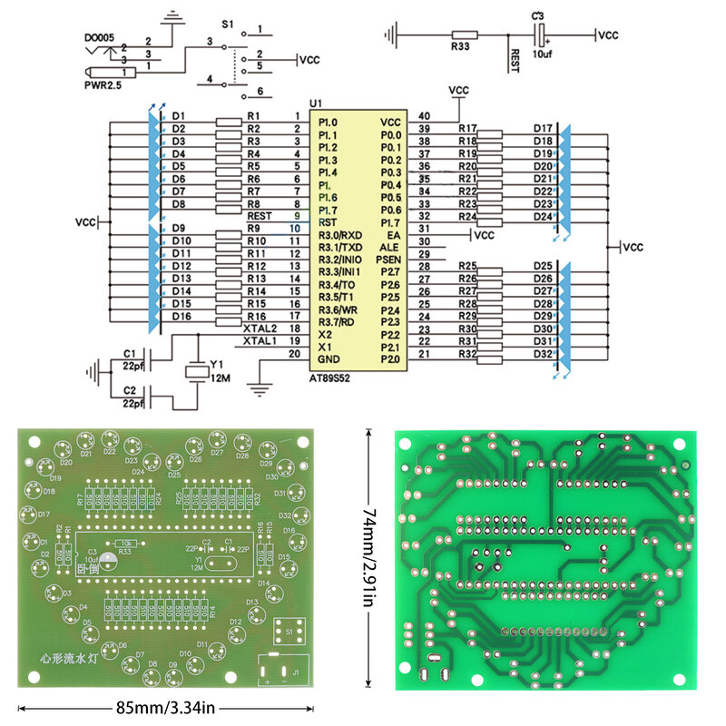 Kit Eletrônico em Forma de Coração para Arduino, LED Brilho Colorido, Módulo RGB, Love Water Light, STC89C52, 51, Single Chip, Microcomputador, DIY