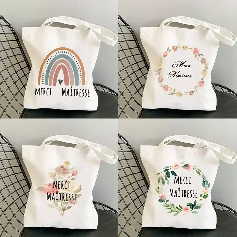 HLTN03  Merci Teacher French Print Women's Shoulder Bags Pattern Women Canvas Shopping Bag