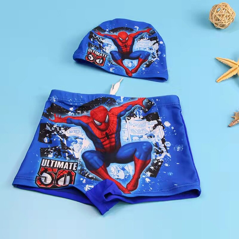Cartoon Spiderman dzieci stroje kąpielowe spodnie czapka zestaw chłopięcy strój kąpielowy spodenki Anime Spider-man dzieci kąpielówki okulary prezent