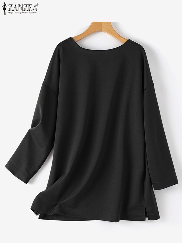 ZANZEA-Blusa de manga larga holgada para mujer, camisa informal con cuello redondo, Túnica de fiesta, otoño